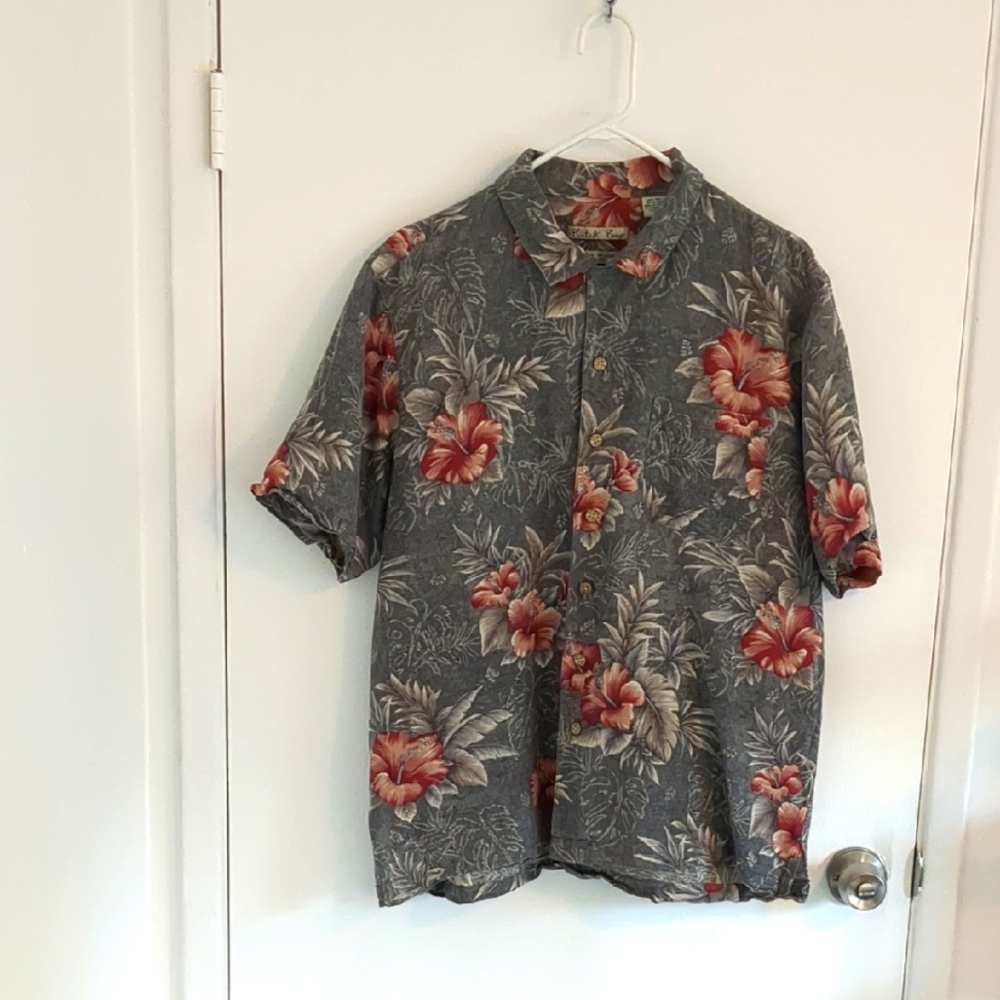 Batik Bay Floral Gray and Red Men's 100% silk large Shirt